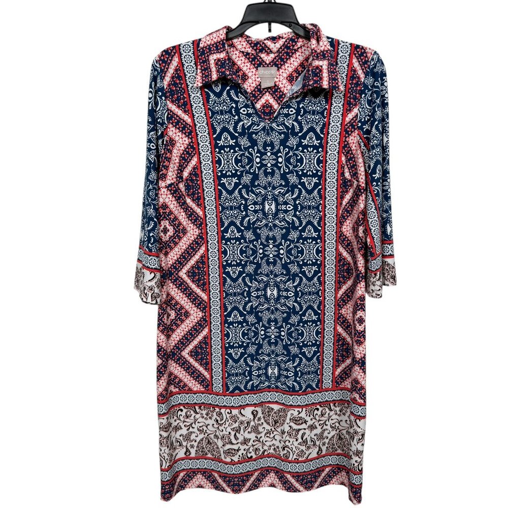 Chicos Shift Dress Size 0 US 4 /6 Blue Red Multicolor Print Liquid Knit